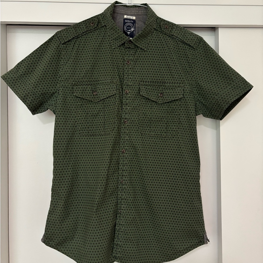 Diesel Short-Sleeve Olive Green Button-Down with Dot Pattern